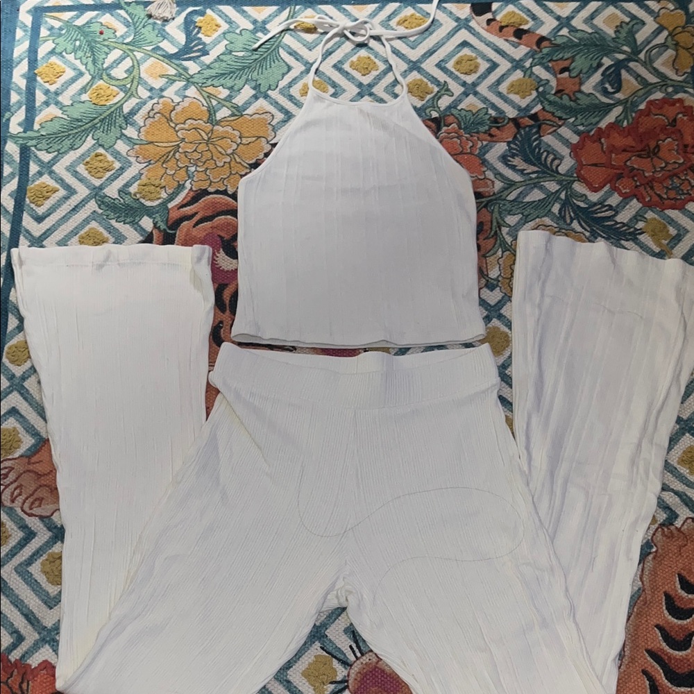 OAK+FORT Ribbed Halter and Flare Pants Cream Set